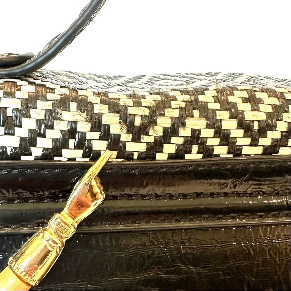 Melie Bianco Patent with Black & White Straw Geometric Satchel Handbag Purse Bag